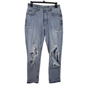 Zara Ripped Mom Jeans High Waisted Distressed Blue Denim Grunge Indie Sleaze Y2K